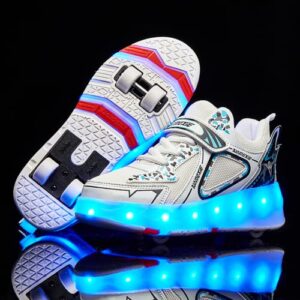 RESLIDE Light Up Roller Shoes for Girls Boys Double-Rows 4 Small Wheels Skate Sneakers Sneakers Outdoor Slip On Kids Sneakers for Children Kids Gift(13 US=31 CN,White Mesh)