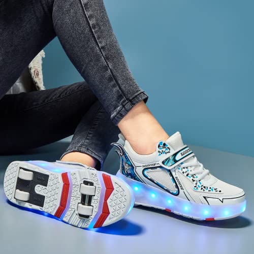 RESLIDE Light Up Roller Shoes for Girls Boys Double-Rows 4 Small Wheels Skate Sneakers Sneakers Outdoor Slip On Kids Sneakers for Children Kids Gift(13 US=31 CN,White Mesh)