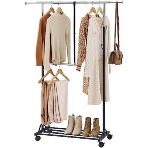 tajsoon clothes rack,heavy duty double rods clothes hanging rack,commercial clothing storage display,adjustable standard rolling garment rack with wheels,clothing rack,chrome
