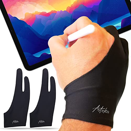 Articka Artist Glove for Drawing Tablet, iPad (Smudge Guard, Two-Finger, Reduces Friction, Elastic Lycra, Good for Right and Left Hand) (Large, Black 2-Pack)