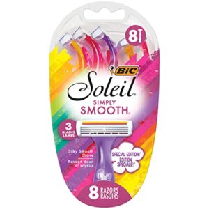 bic soleil simply smooth women's disposable razors, 3 blades with moisture strip for a silky smooth shave, 8 piece razor set