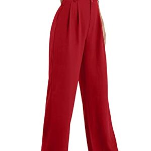 SweatyRocks Women's Casual Wide Leg High Waisted Botton Down Straight Long Trousers Pants Red L