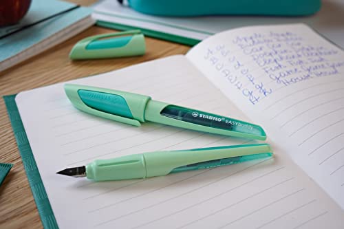 STABILO EASYbuddy School Fountain Pen with Beginner Nib A - Pastel in Mint Green - Blue Ink (Erasable) - Single Pen - Includes Cartridge