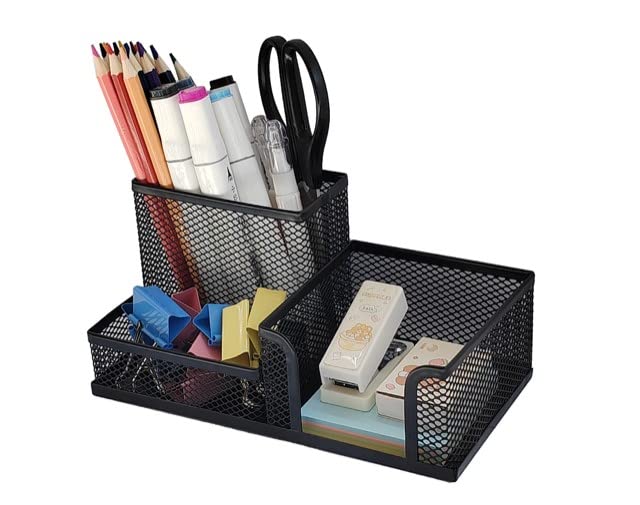 BLACK Metal Mesh 3 Compartment Desk Organizer Pencil Holder