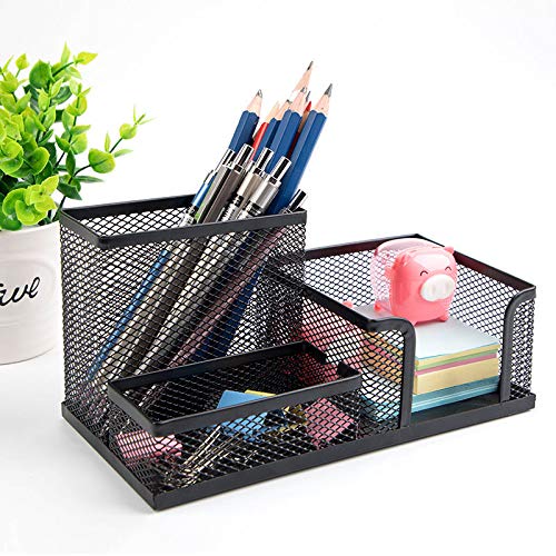 BLACK Metal Mesh 3 Compartment Desk Organizer Pencil Holder