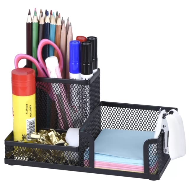 BLACK Metal Mesh 3 Compartment Desk Organizer Pencil Holder