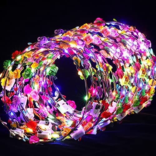 50 Pcs LED Flower Crown Headband Light Up Fairy Flower Hair Jewelry Multi-color Floral Headpiece Wreath Headdress Hair Wreath for Women Girl Hair Styling Wedding Birthday Party Holiday (Rose)