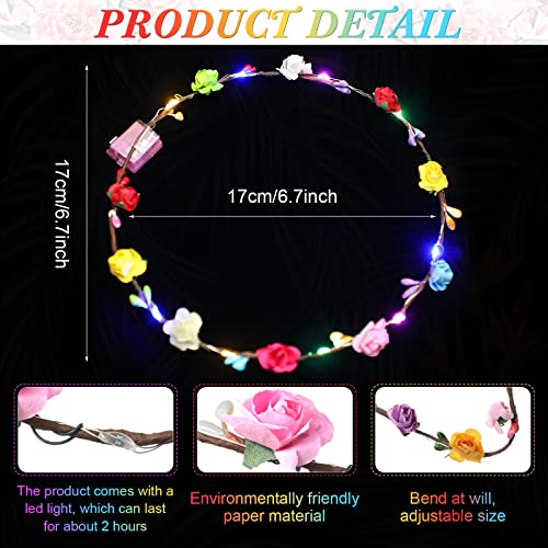 50 Pcs LED Flower Crown Headband Light Up Fairy Flower Hair Jewelry Multi-color Floral Headpiece Wreath Headdress Hair Wreath for Women Girl Hair Styling Wedding Birthday Party Holiday (Rose)