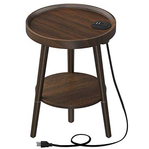 GREENSTELL End Table with Charging Station, Round Side Table with Storage Shelf, USB Ports and Anti-drop Fence, 2-Tier Small Nightstand Sofa Table for Living Room, Bedroom Brown 15.0*15.0*20.4inches