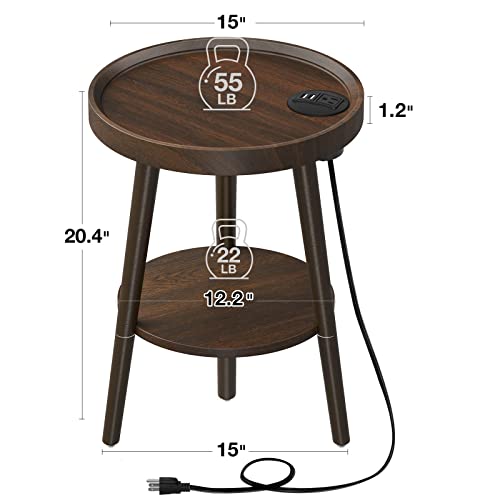 GREENSTELL End Table with Charging Station, Round Side Table with Storage Shelf, USB Ports and Anti-drop Fence, 2-Tier Small Nightstand Sofa Table for Living Room, Bedroom Brown 15.0*15.0*20.4inches