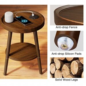 GREENSTELL End Table with Charging Station, Round Side Table with Storage Shelf, USB Ports and Anti-drop Fence, 2-Tier Small Nightstand Sofa Table for Living Room, Bedroom Brown 15.0*15.0*20.4inches