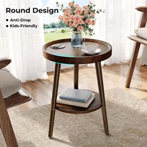 GREENSTELL End Table with Charging Station, Round Side Table with Storage Shelf, USB Ports and Anti-drop Fence, 2-Tier Small Nightstand Sofa Table for Living Room, Bedroom Brown 15.0*15.0*20.4inches