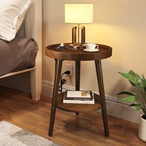 GREENSTELL End Table with Charging Station, Round Side Table with Storage Shelf, USB Ports and Anti-drop Fence, 2-Tier Small Nightstand Sofa Table for Living Room, Bedroom Brown 15.0*15.0*20.4inches