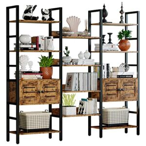 ironck industrial bookshelf and bookcase with 2 louvered doors 5 tiers triple wide display shelf with storage cabinet for living room home office