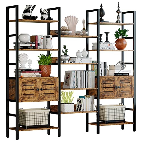 IRONCK Industrial Bookshelf and Bookcase with 2 Louvered Doors 5 Tiers Triple Wide Display Shelf with Storage Cabinet for Living Room Home Office