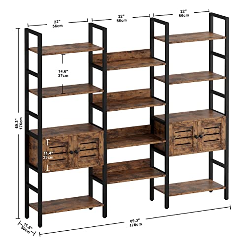 IRONCK Industrial Bookshelf and Bookcase with 2 Louvered Doors 5 Tiers Triple Wide Display Shelf with Storage Cabinet for Living Room Home Office