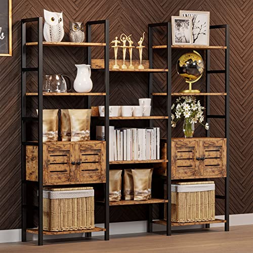 IRONCK Industrial Bookshelf and Bookcase with 2 Louvered Doors 5 Tiers Triple Wide Display Shelf with Storage Cabinet for Living Room Home Office