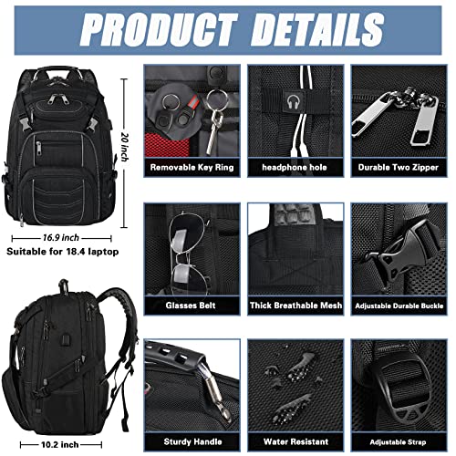 18.4 Laptop Backpack for Men, 60L Extra Large Gaming Laptops Backpack with USB Charger Port,TSA Friendly Flight Approved RFID Anti-Theft Pocket Heavy Duty Durable Computer Bag Backbag