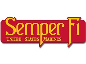 red and yellow semper fi shaped bumper sticker, united states marine corps vinyl, military decal for cars, trucks, laptops, and water bottles, made in the usa (2 x 6 inch)