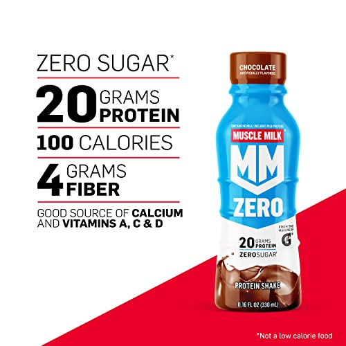 Muscle Milk Zero Protein Shake, Chocolate,20g Protein, Zero Sugar, 100 Calories, Calcium, Vitamins A, C & D, 4g Fiber, Energizing Snack, Workout Recovery, Packaging May Vary,11.16 Fl Oz (Pack of 12)