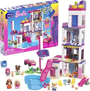 mega barbie color reveal building toy playset for kids, dreamhouse with 545 pieces, 30+ surprises, 5 micro-dolls, accessories and furniture