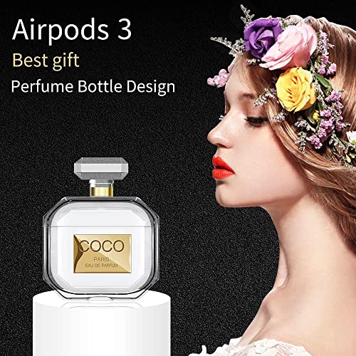 Meishangmei AirPods 3 Case Cute with Keychain & Fur Ball Perfume Design Silicone Soft Shockproof AirPod 3rd Generation Charging Case Cover for Girls and Women - Gold