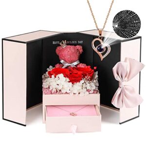 addwel preserved real red roses gifts for her, cute moss bear and meaningful forever roses with i love you necklace 100 languages present for girlfriend wife mom from husband boyfriend daughter son