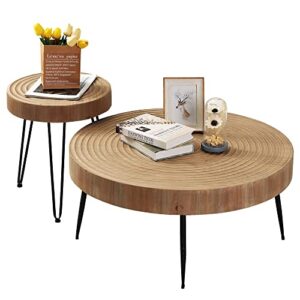 rustown farmhouse round coffee table set of 2, cocktail table set, modern circle natural wood finsh side and end table sets for living room,natural
