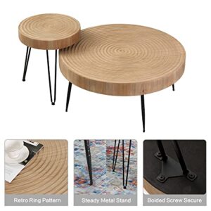 RUSTOWN Farmhouse Round Coffee Table Set of 2, Cocktail Table Set, Modern Circle Natural Wood Finsh Side and End Table Sets for Living Room,Natural