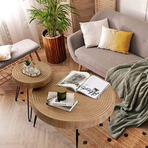 RUSTOWN Farmhouse Round Coffee Table Set of 2, Cocktail Table Set, Modern Circle Natural Wood Finsh Side and End Table Sets for Living Room,Natural