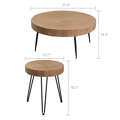 RUSTOWN Farmhouse Round Coffee Table Set of 2, Cocktail Table Set, Modern Circle Natural Wood Finsh Side and End Table Sets for Living Room,Natural