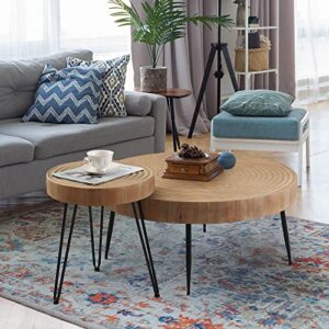 RUSTOWN Farmhouse Round Coffee Table Set of 2, Cocktail Table Set, Modern Circle Natural Wood Finsh Side and End Table Sets for Living Room,Natural