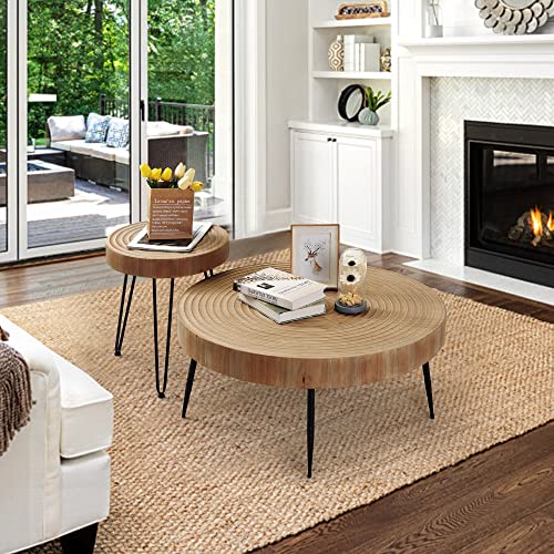 RUSTOWN Farmhouse Round Coffee Table Set of 2, Cocktail Table Set, Modern Circle Natural Wood Finsh Side and End Table Sets for Living Room,Natural