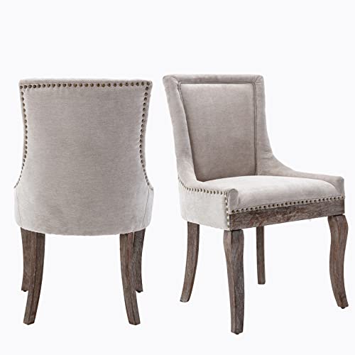 Aoowow Fabric Upholstered Side Chairs Set of 2, Solid Wood Kitchen Dining Room Chairs with Nailheads Legs (Fabric Beige)