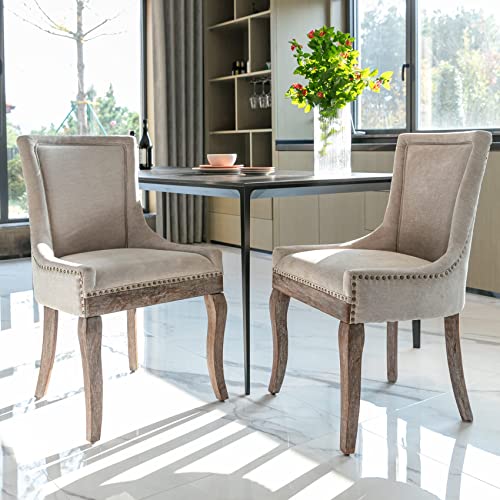 Aoowow Fabric Upholstered Side Chairs Set of 2, Solid Wood Kitchen Dining Room Chairs with Nailheads Legs (Fabric Beige)