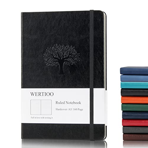 WERTIOO Journals Notebooks, Leather Diary Hardcover Classic Writing Notebook A5 160 Pages 100 gsm Thick Paper Business Gift for Men Women (Ruled,Black)