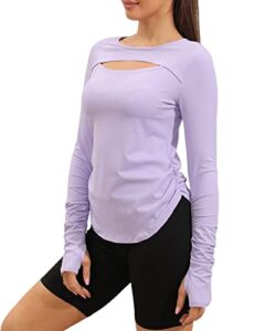 aurgelmir women's casual crewneck workout shirts long sleeve cutout solid athletic running yoga tops with thumb holes purple