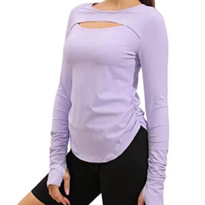 Aurgelmir Women's Casual Crewneck Workout Shirts Long Sleeve Cutout Solid Athletic Running Yoga Tops with Thumb Holes Purple