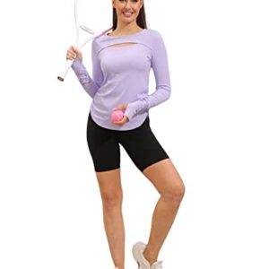 Aurgelmir Women's Casual Crewneck Workout Shirts Long Sleeve Cutout Solid Athletic Running Yoga Tops with Thumb Holes Purple