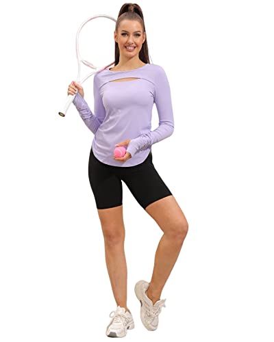 Aurgelmir Women's Casual Crewneck Workout Shirts Long Sleeve Cutout Solid Athletic Running Yoga Tops with Thumb Holes Purple