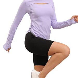 Aurgelmir Women's Casual Crewneck Workout Shirts Long Sleeve Cutout Solid Athletic Running Yoga Tops with Thumb Holes Purple