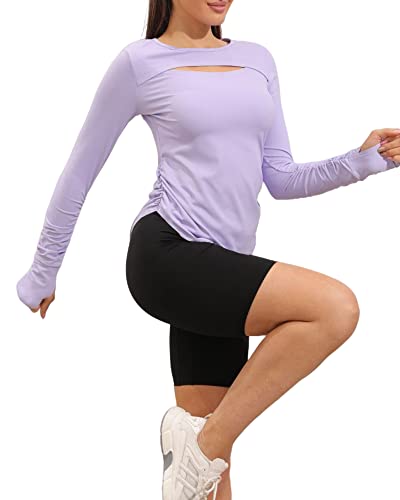 Aurgelmir Women's Casual Crewneck Workout Shirts Long Sleeve Cutout Solid Athletic Running Yoga Tops with Thumb Holes Purple