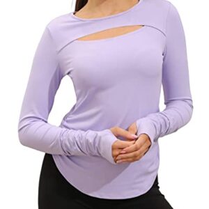 Aurgelmir Women's Casual Crewneck Workout Shirts Long Sleeve Cutout Solid Athletic Running Yoga Tops with Thumb Holes Purple