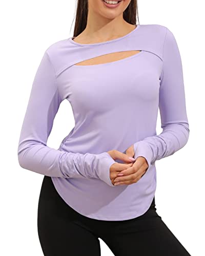 Aurgelmir Women's Casual Crewneck Workout Shirts Long Sleeve Cutout Solid Athletic Running Yoga Tops with Thumb Holes Purple