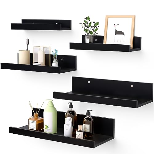 Upsimples Home Floating Shelves for Wall Decor Storage, Wall Shelves Set of 5, Wall Mounted Wood Shelves for Bedroom, Living Room, Bathroom, Kitchen, Small Picture Ledge Shelves, Black