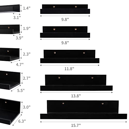 Upsimples Home Floating Shelves for Wall Decor Storage, Wall Shelves Set of 5, Wall Mounted Wood Shelves for Bedroom, Living Room, Bathroom, Kitchen, Small Picture Ledge Shelves, Black