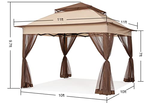 COOSHADE 11x11Ft Easy Pop Up Gazebo Tent Instant Outdoor Canopy Shelter with Mosquito Netting Walls(Beige)