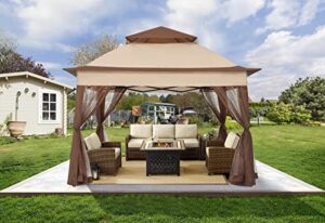 cooshade 11x11ft easy pop up gazebo tent instant outdoor canopy shelter with mosquito netting walls(beige)