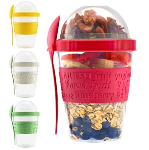 tribello 20 oz overnight oats container with lid, set of 4 crunch cups to go, portable parfait cup with compartments for topping cereal or oatmeal - colorful