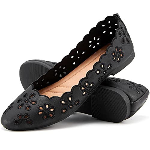 Women's Ballet Flats Black PU Leather Dress Shoes Comfortable Round Toe Slip on Flats with Floral Eyelets(Black.US8.5)